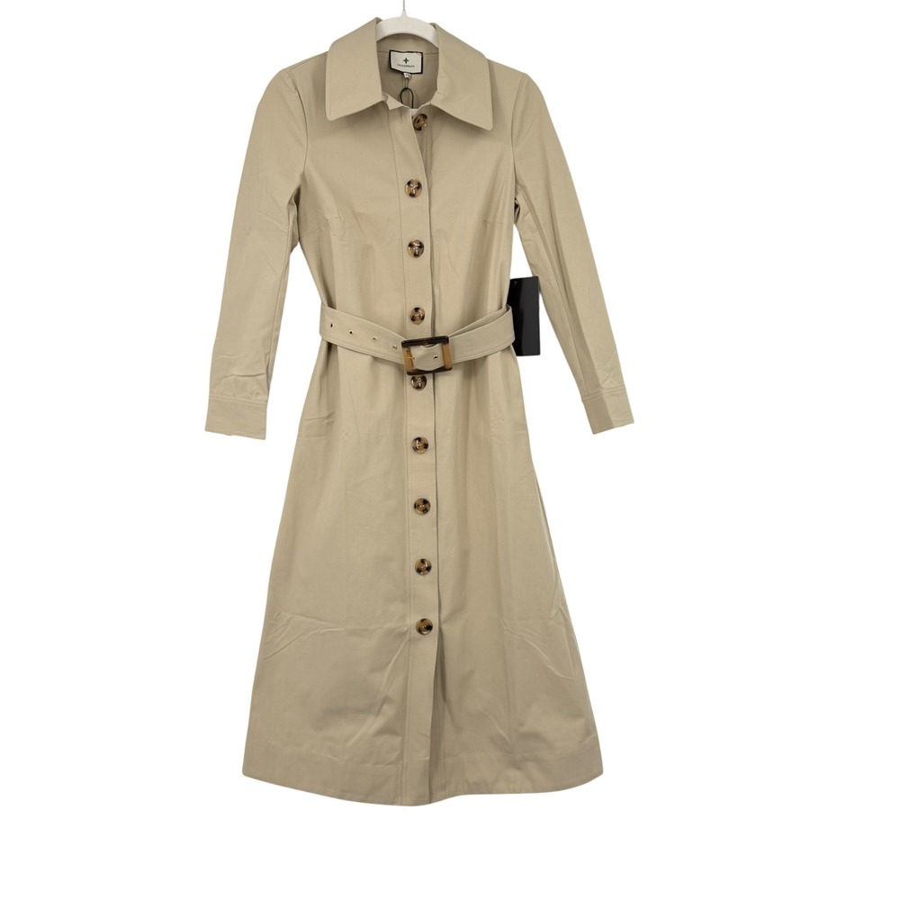Tuckernuck Chamberlain Coat Dress Womens XXS Khaki Tan Belted Midi Cotton Office